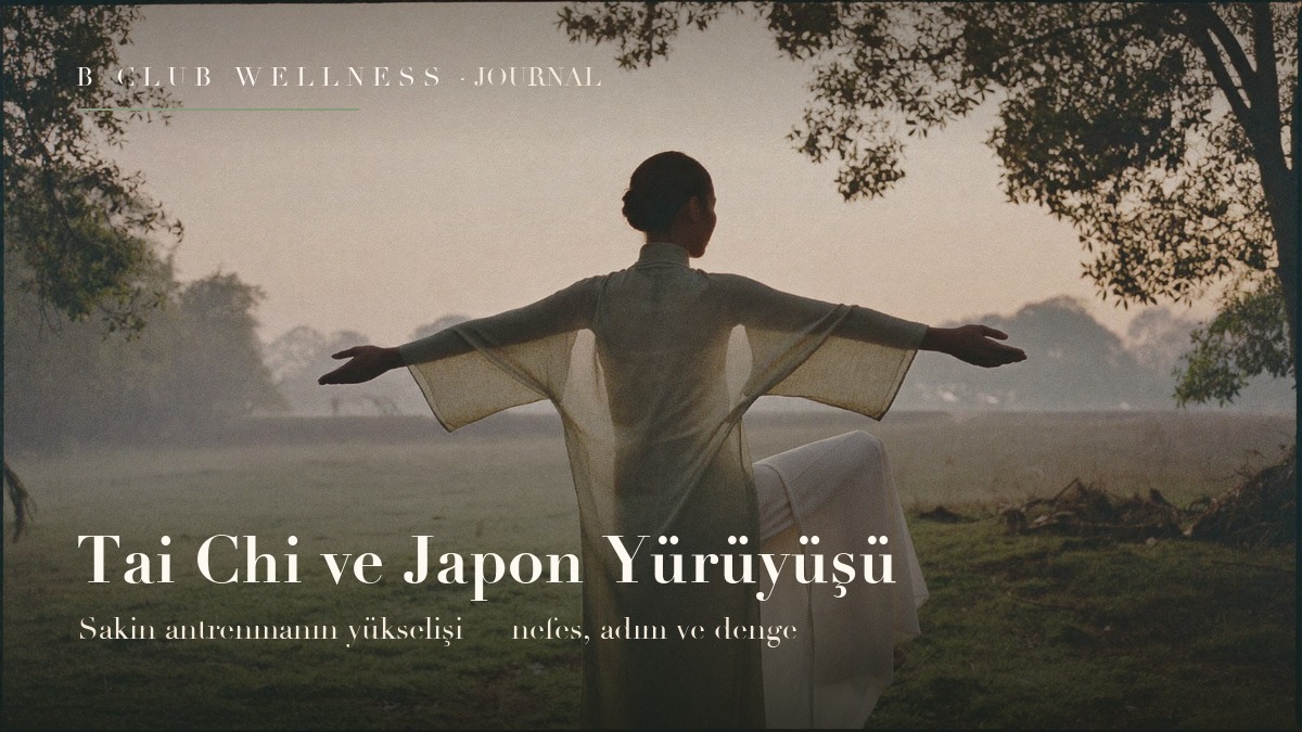 Tai chi nefes dalgası ve Japon yürüyüşünün tempolu-sakin ritmini gösteren minimal grafik — sakin antrenman yazısının kapak görseli